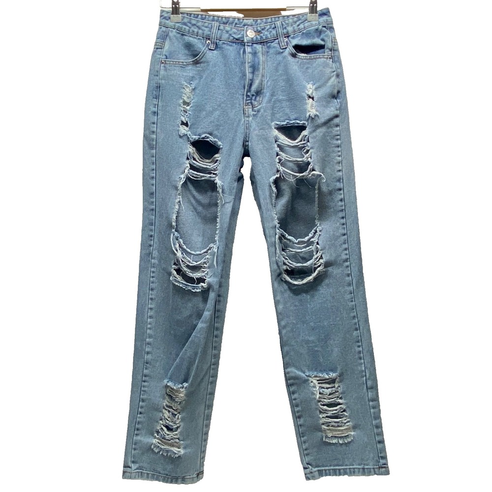 SHEIN Jeans Women's Small Light Blue Distressed High Rise Straight Leg Denim GUC